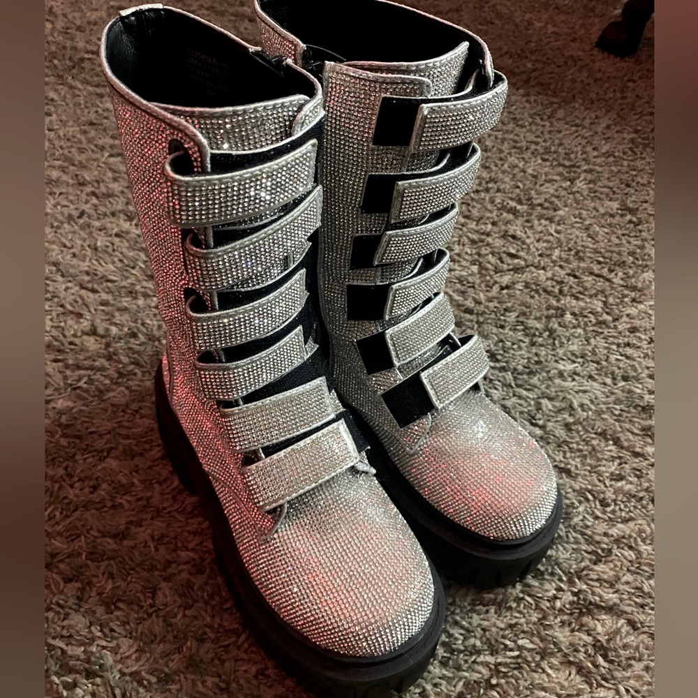 Rhinestone bling shiny Velcro platform boots